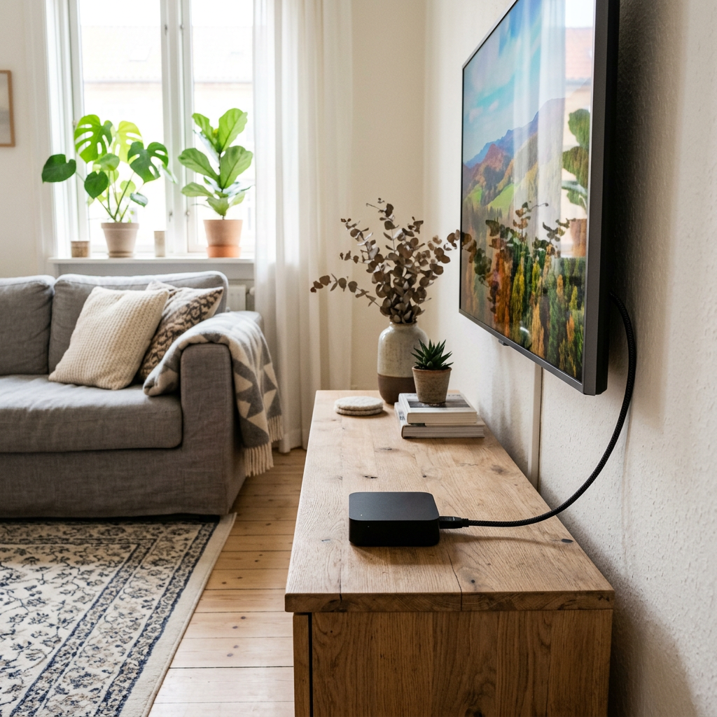 IPTV med box ansluten till en tv i ett svenskt vardagsrum